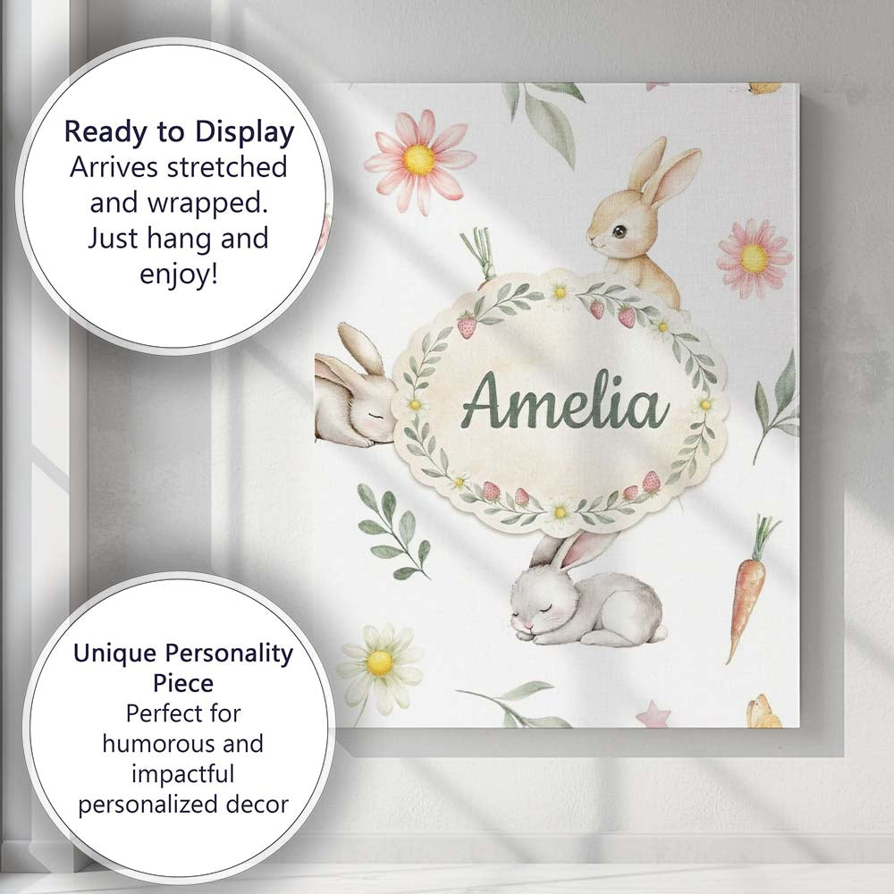 Personalised Name Bunny Rabbits with Custom Premium Decorative Design Modern Room Accent Canvas Wall Art Print Decor Picture Ready to Hang