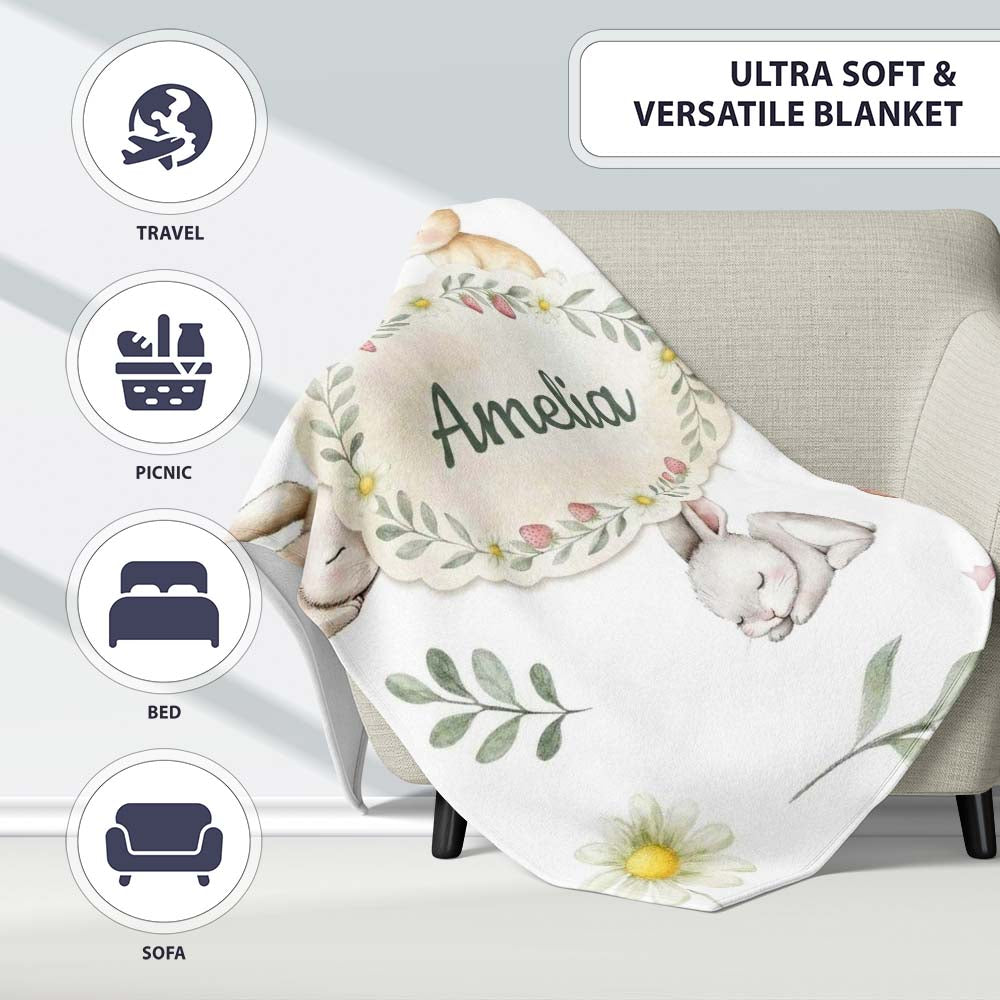 Bunny Rabbits with FlowersCarrots and Butterflies Soft Neutral Grey  Personalised Custom Name Super Soft Fleece Blanket Bed Sofa Throw