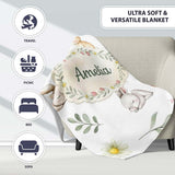 Bunny Rabbits with FlowersCarrots and Butterflies Soft Neutral Grey  Personalised Custom Name Super Soft Fleece Blanket Bed Sofa Throw