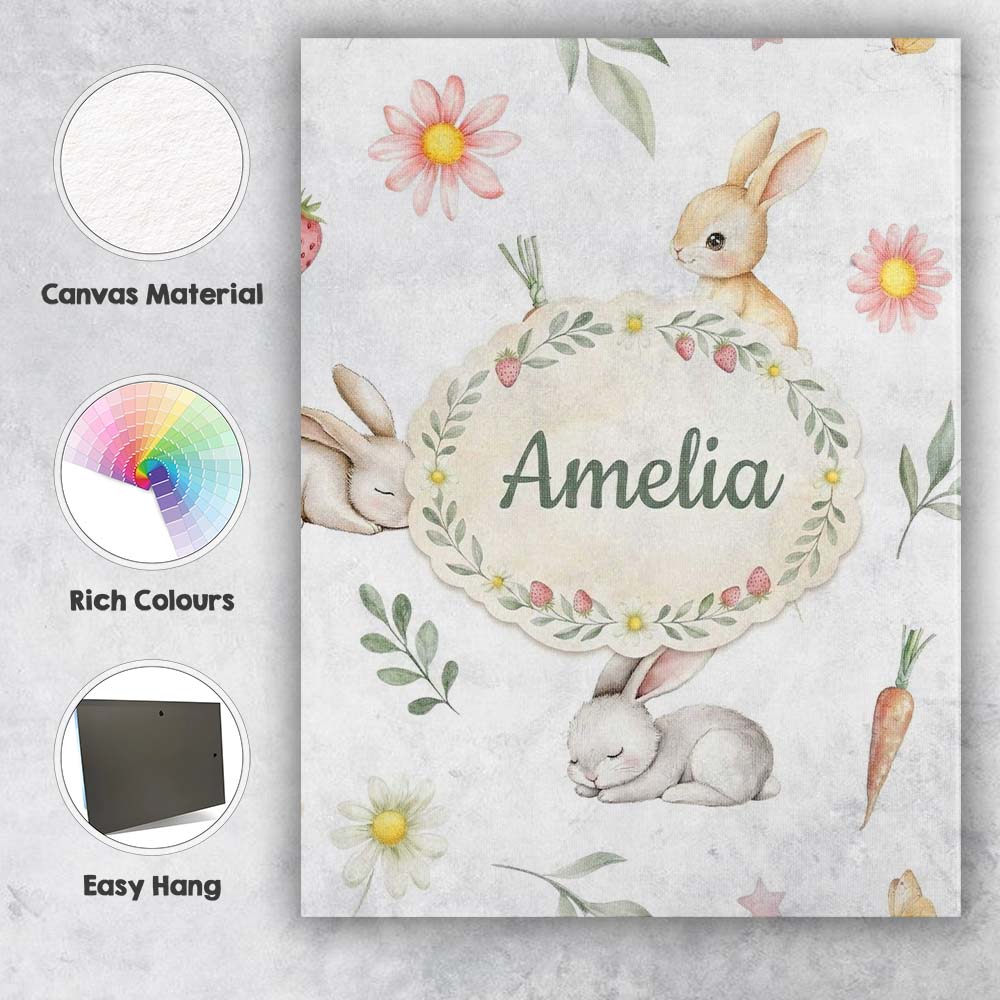 Personalised Name Bunny Rabbits with Custom Premium Decorative Design Modern Room Accent Canvas Wall Art Print Decor Picture Ready to Hang