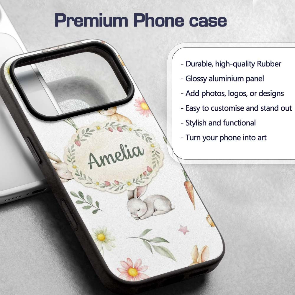 Bunny Rabbits with FlowersCarrots and Butterflies Custom Name Protective Phone Case Mobile Cover Durable Everyday Smartphone Shock Resistant