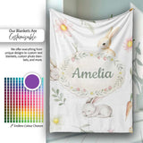 Bunny Rabbits with FlowersCarrots and Butterflies Soft Neutral Grey  Personalised Custom Name Super Soft Fleece Blanket Bed Sofa Throw