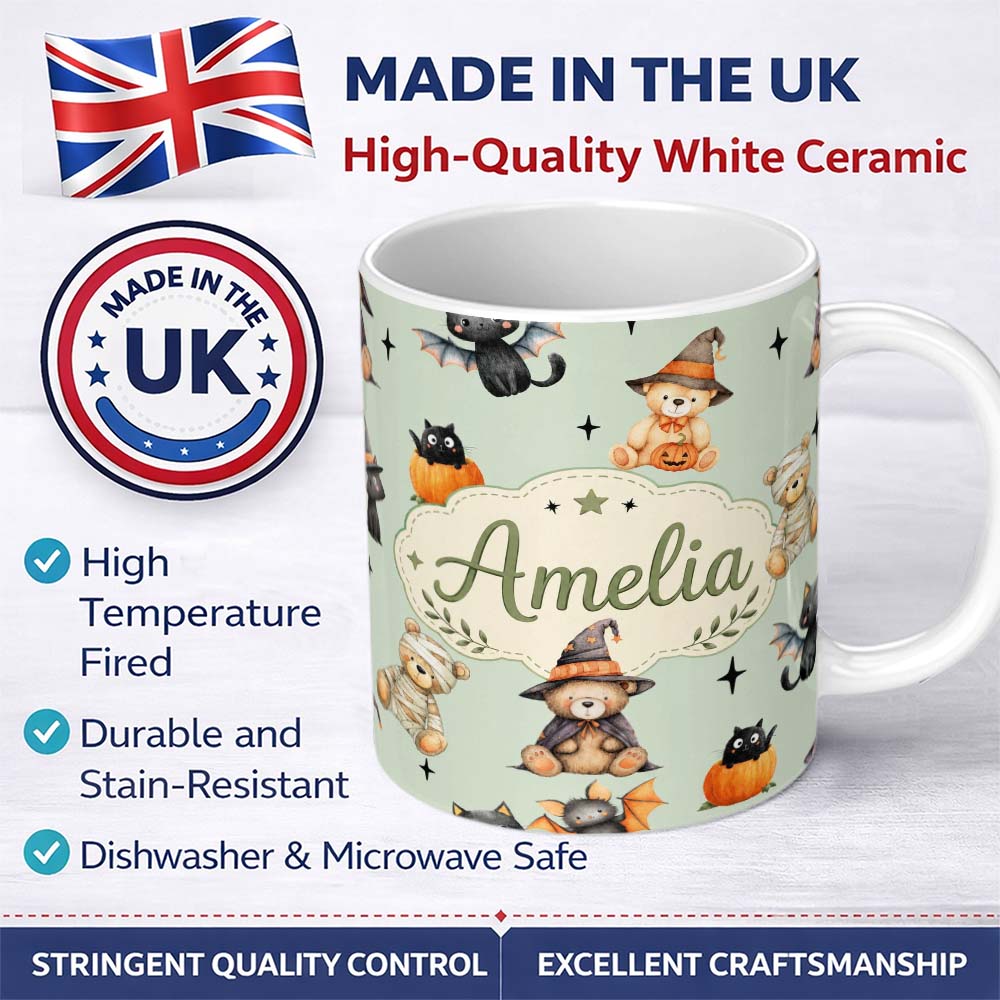 Personalized Custom Name Cute Halloween Teddy Bears Mummy Witch Cat Pumpkin Stars Sage 11oz Ceramic Coffee Tea Mug White Large Handle