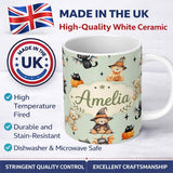 Personalized Custom Name Cute Halloween Teddy Bears Mummy Witch Cat Pumpkin Stars Sage 11oz Ceramic Coffee Tea Mug White Large Handle