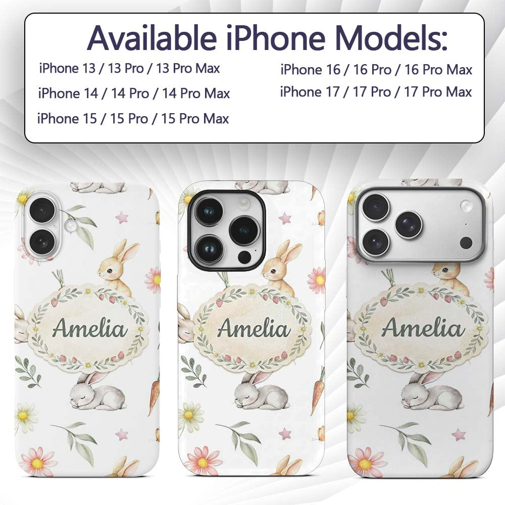 Bunny Rabbits with FlowersCarrots and Butterflies Custom Name Protective Phone Case Mobile Cover Durable Everyday Smartphone Shock Resistant