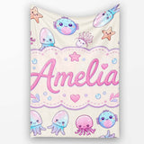 Kawaii Jellyfish Starfish and Sea Creatures Pastel Beige Background  Personalised Custom Name Super Soft Fleece Blanket Bed Sofa Throw