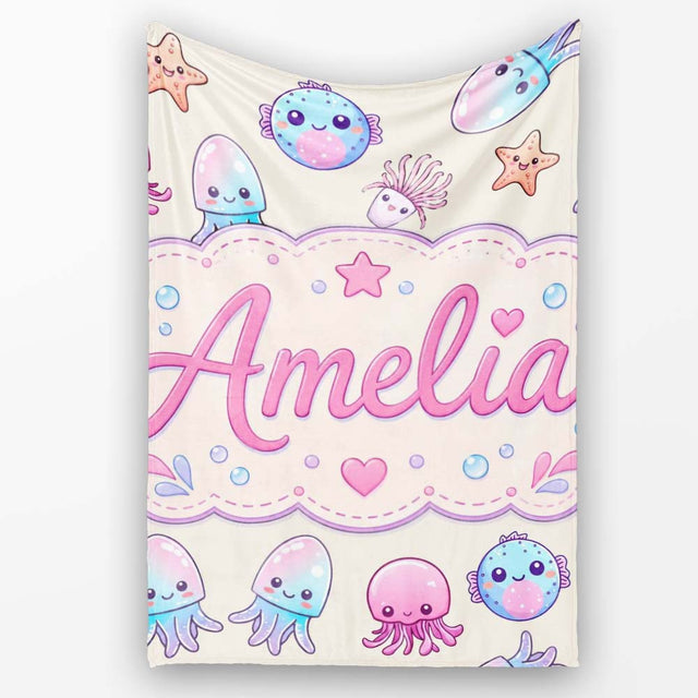 Kawaii Jellyfish Starfish and Sea Creatures Pastel Beige Background  Personalised Custom Name Super Soft Fleece Blanket Bed Sofa Throw