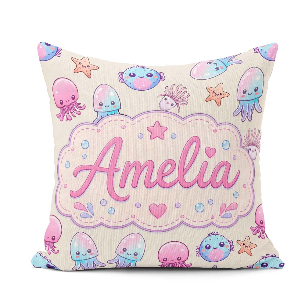 Custom Name Kawaii Jellyfish Starfish and Creatures Pastel Beige Square Filled Cushion Throw Pillow Sofa Bed Home Decor Zip Washable UK Made