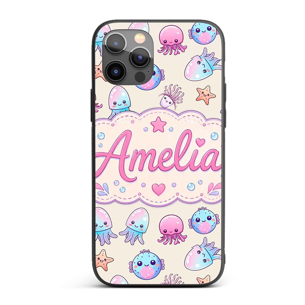 Kawaii Jellyfish Starfish and Sea Printed Design Custom Name Protective Phone Case Mobile Cover Durable Everyday Smartphone Shock Resistant