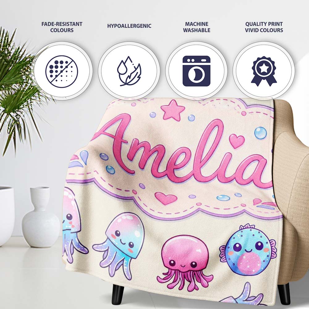 Kawaii Jellyfish Starfish and Sea Creatures Pastel Beige Background  Personalised Custom Name Super Soft Fleece Blanket Bed Sofa Throw