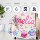 Kawaii Jellyfish Starfish and Sea Creatures Pastel Beige Background  Personalised Custom Name Super Soft Fleece Blanket Bed Sofa Throw