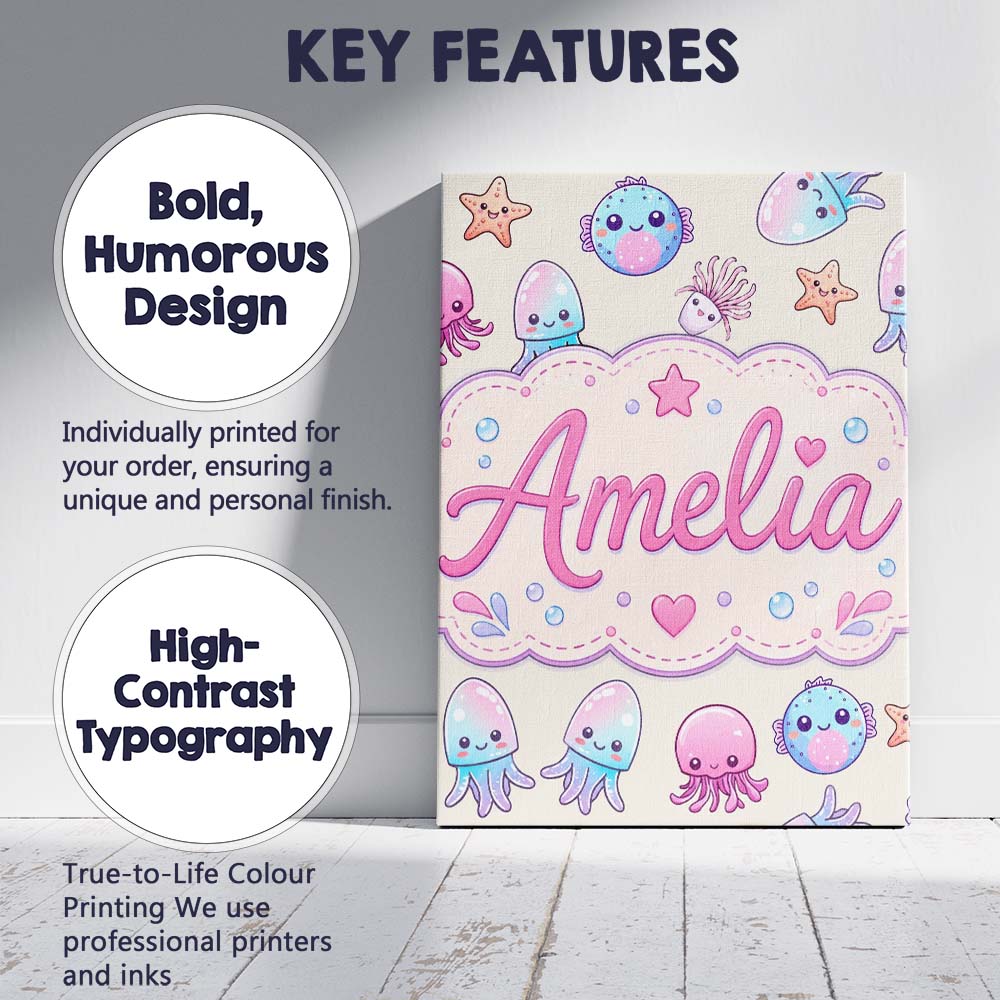 Personalised Name Kawaii Jellyfish Starfish Custom  Bespoke Interior Contemporary Canvas Wall Art Print Decor Picture Ready to Hang