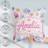 Custom Name Kawaii Jellyfish Starfish and Creatures Pastel Beige Square Filled Cushion Throw Pillow Sofa Bed Home Decor Zip Washable UK Made