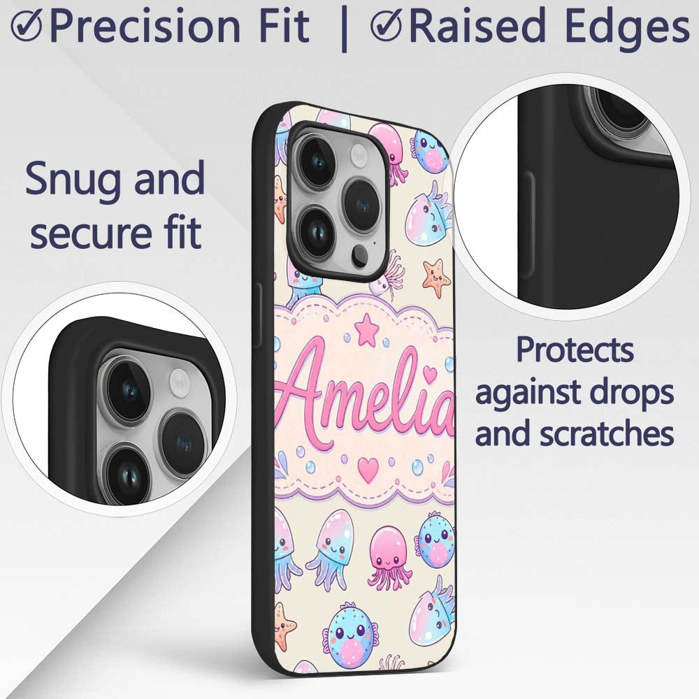 Kawaii Jellyfish Starfish and Sea Printed Design Custom Name Protective Phone Case Mobile Cover Durable Everyday Smartphone Shock Resistant