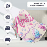 Kawaii Jellyfish Starfish and Sea Creatures Pastel Beige Background  Personalised Custom Name Super Soft Fleece Blanket Bed Sofa Throw