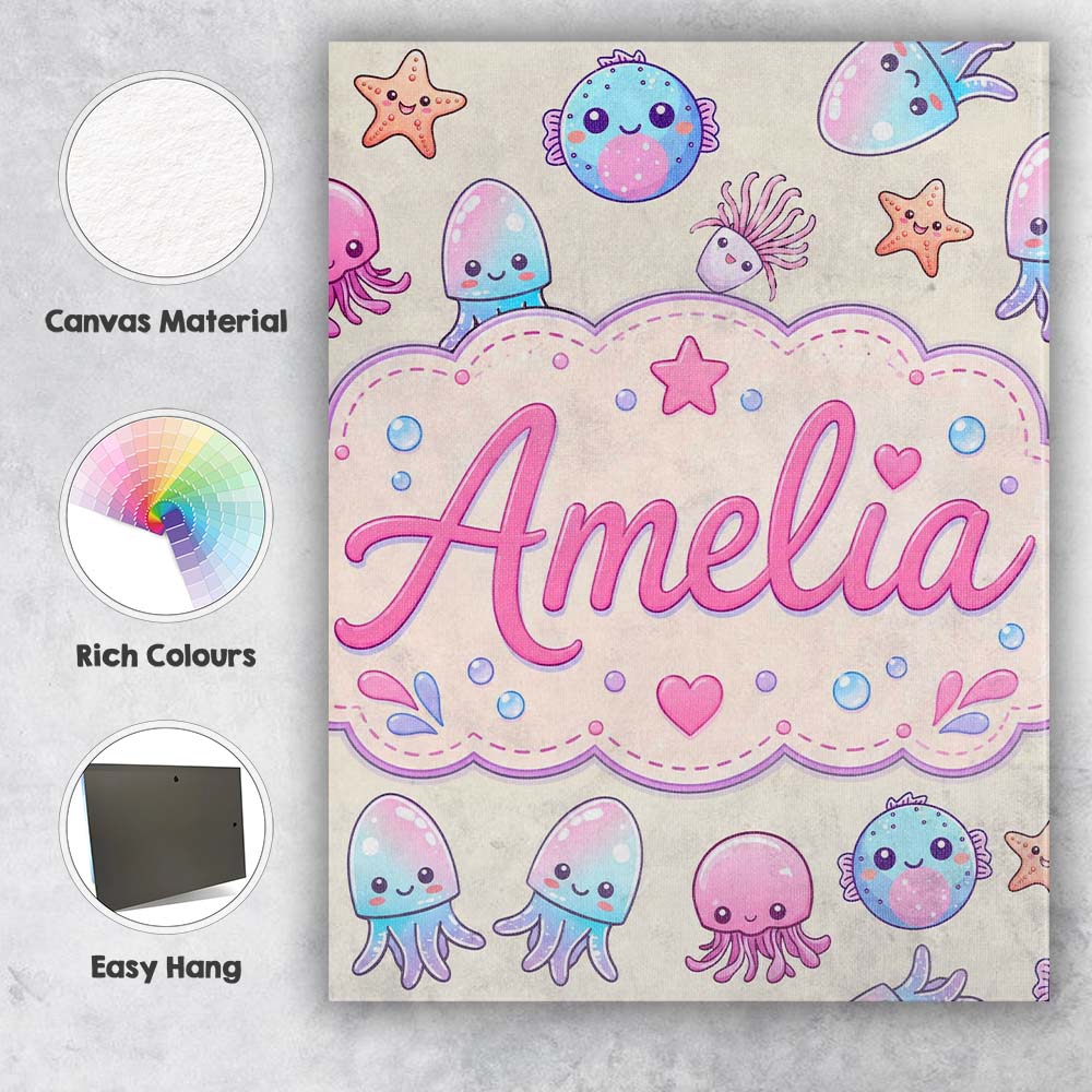Personalised Name Kawaii Jellyfish Starfish Custom  Bespoke Interior Contemporary Canvas Wall Art Print Decor Picture Ready to Hang