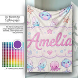 Kawaii Jellyfish Starfish and Sea Creatures Pastel Beige Background  Personalised Custom Name Super Soft Fleece Blanket Bed Sofa Throw