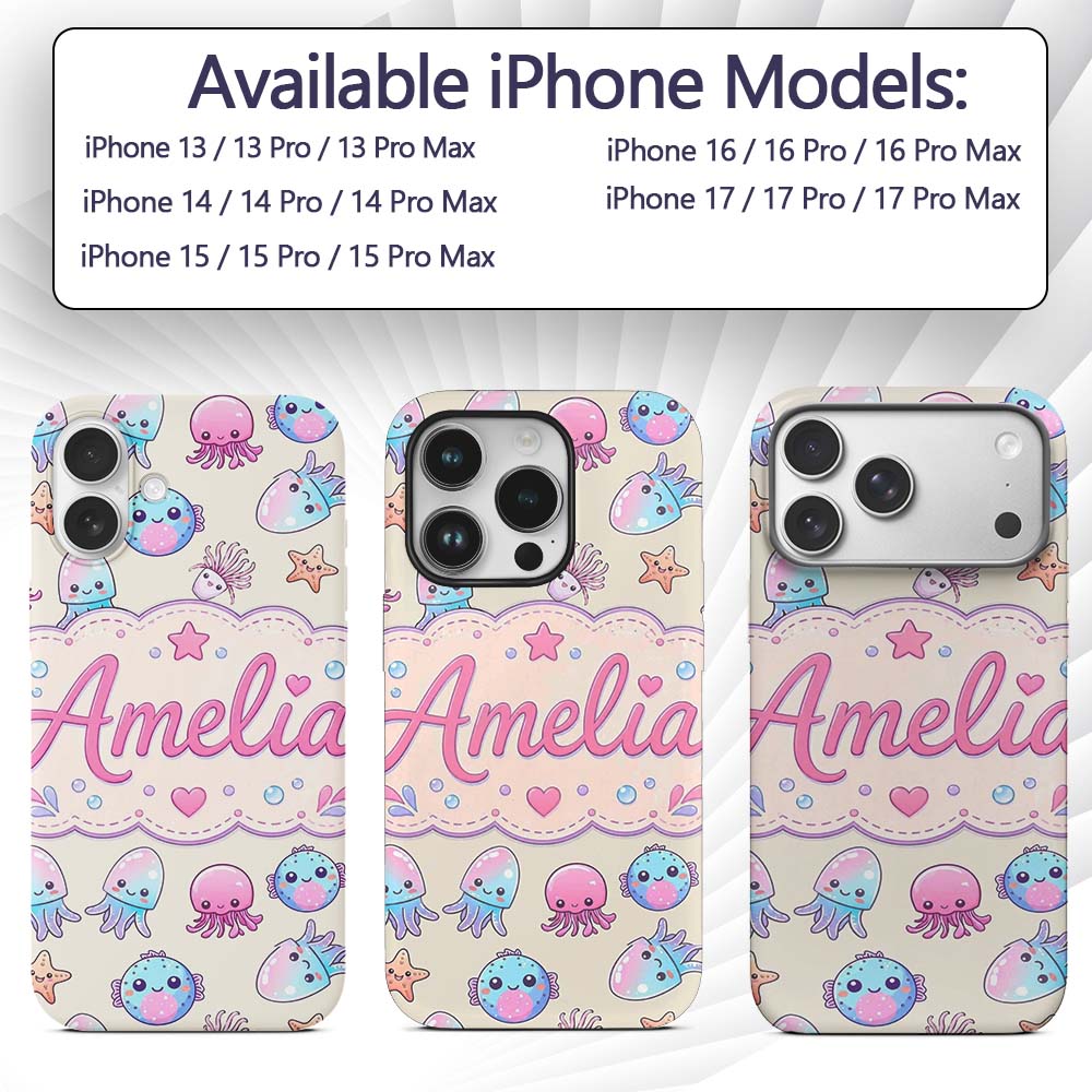 Kawaii Jellyfish Starfish and Sea Printed Design Custom Name Protective Phone Case Mobile Cover Durable Everyday Smartphone Shock Resistant