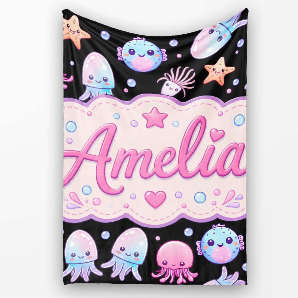 Kawaii Jellyfish Starfish and Cute Sea Creatures Black Background  Personalised Custom Name Super Soft Fleece Blanket Bed Sofa Throw