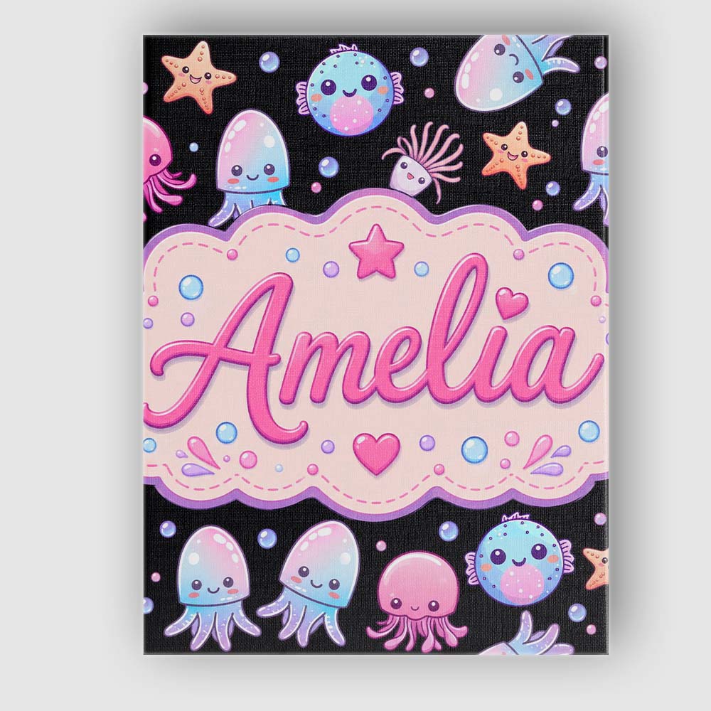 Personalised Name Kawaii Jellyfish Starfish Custom  Bespoke Interior Contemporary Canvas Wall Art Print Decor Picture Ready to Hang