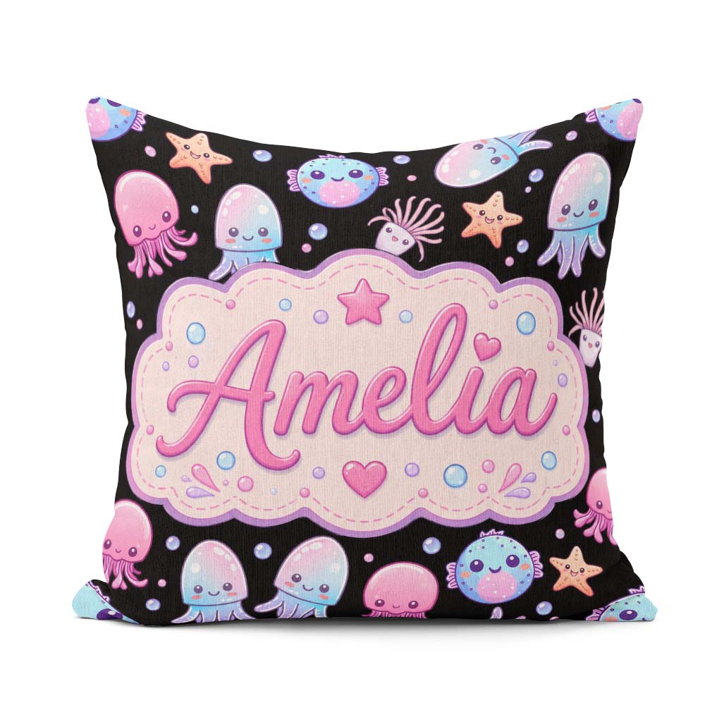 Custom Name Kawaii Jellyfish and Sea Creatures Black Background Square Filled Cushion Throw Pillow Sofa Bed Home Decor Zip Washable UK Made