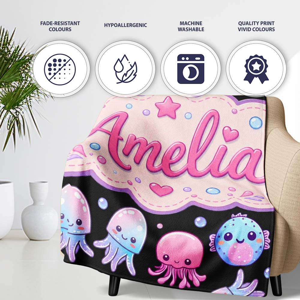 Kawaii Jellyfish Starfish and Cute Sea Creatures Black Background  Personalised Custom Name Super Soft Fleece Blanket Bed Sofa Throw