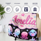 Kawaii Jellyfish Starfish and Cute Sea Creatures Black Background  Personalised Custom Name Super Soft Fleece Blanket Bed Sofa Throw