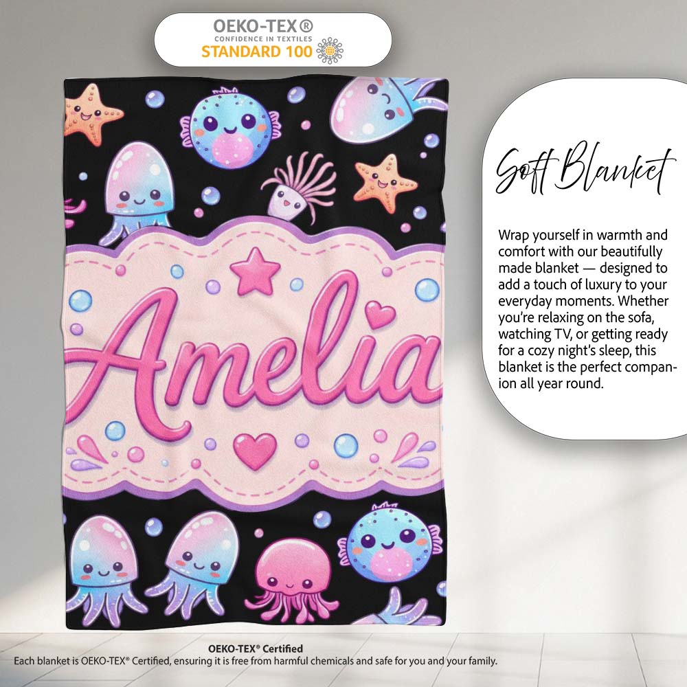 Kawaii Jellyfish Starfish and Cute Sea Creatures Black Background  Personalised Custom Name Super Soft Fleece Blanket Bed Sofa Throw