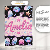 Kawaii Jellyfish Starfish and Cute Sea Creatures Black Background  Personalised Custom Name Super Soft Fleece Blanket Bed Sofa Throw