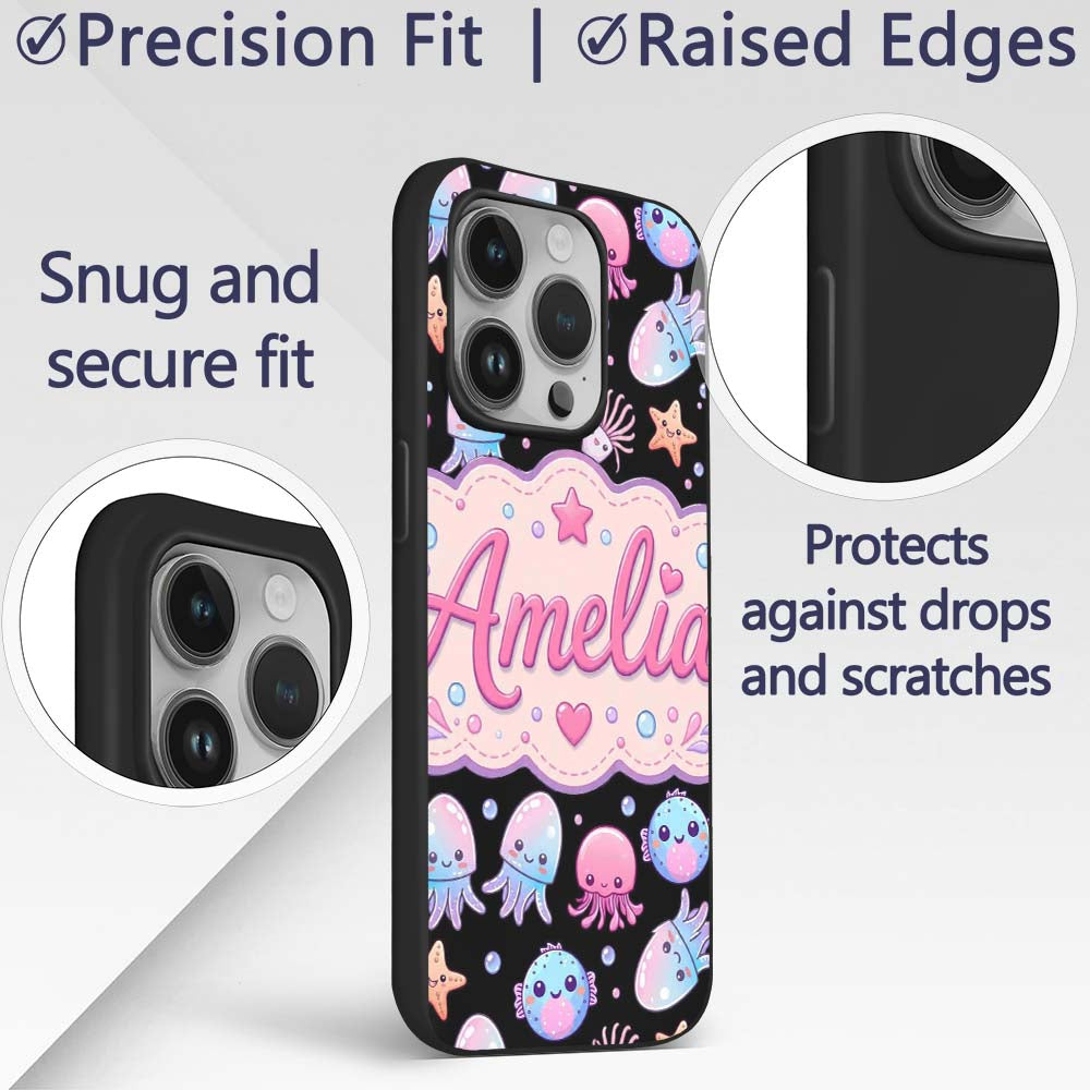 Kawaii Jellyfish Starfish and Cute Sea Creatures Custom Name Protective Phone Case Mobile Cover Durable Everyday Smartphone Shock Resistant