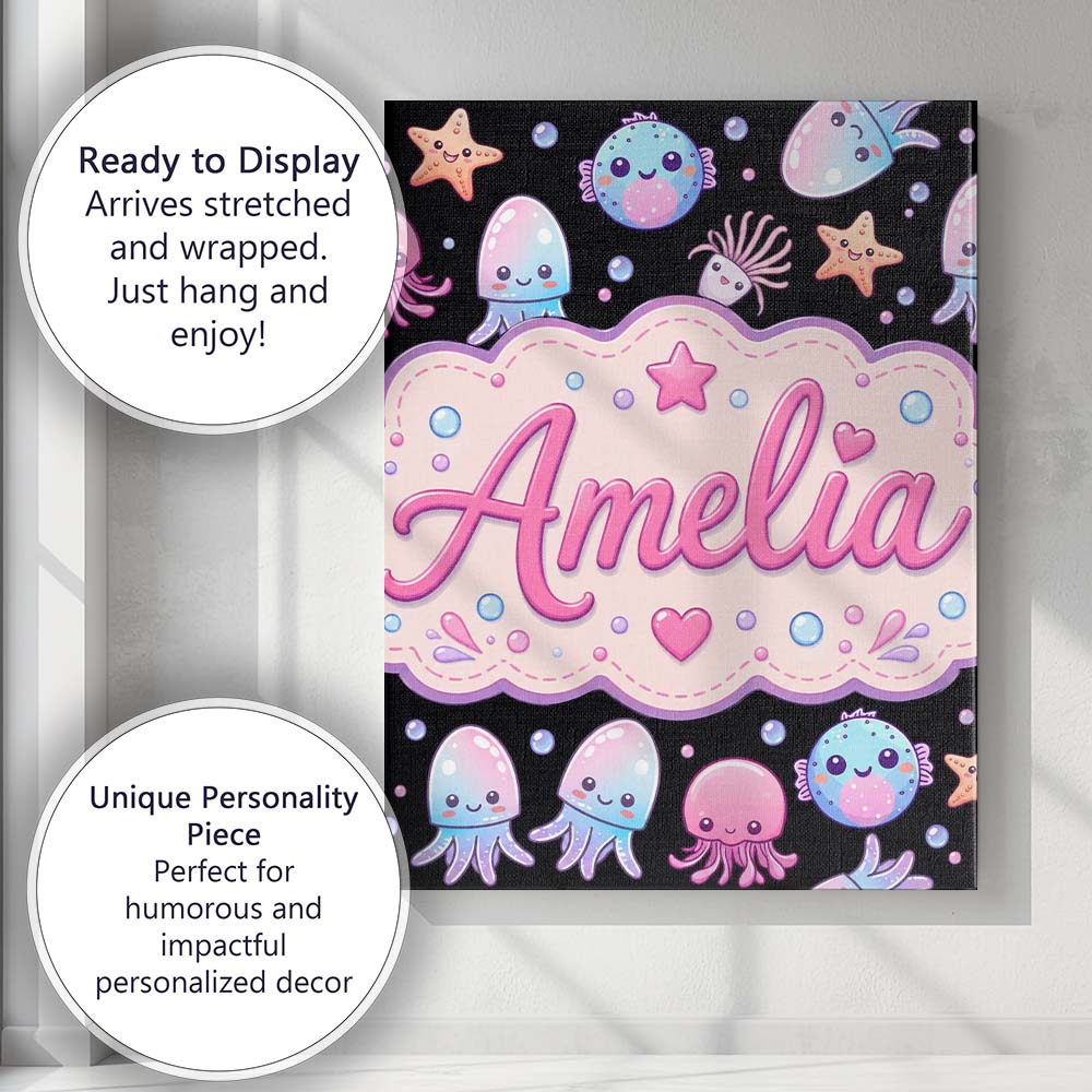 Personalised Name Kawaii Jellyfish Starfish Custom  Bespoke Interior Contemporary Canvas Wall Art Print Decor Picture Ready to Hang