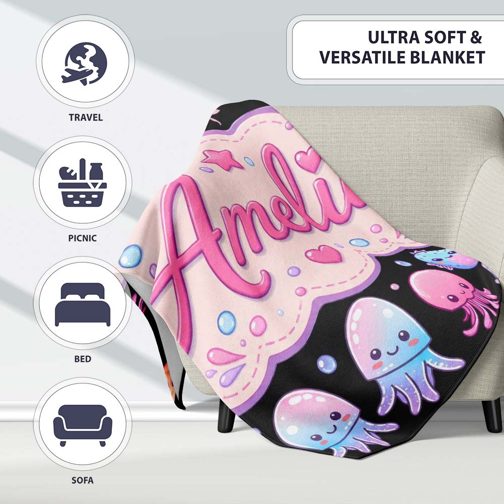Kawaii Jellyfish Starfish and Cute Sea Creatures Black Background  Personalised Custom Name Super Soft Fleece Blanket Bed Sofa Throw