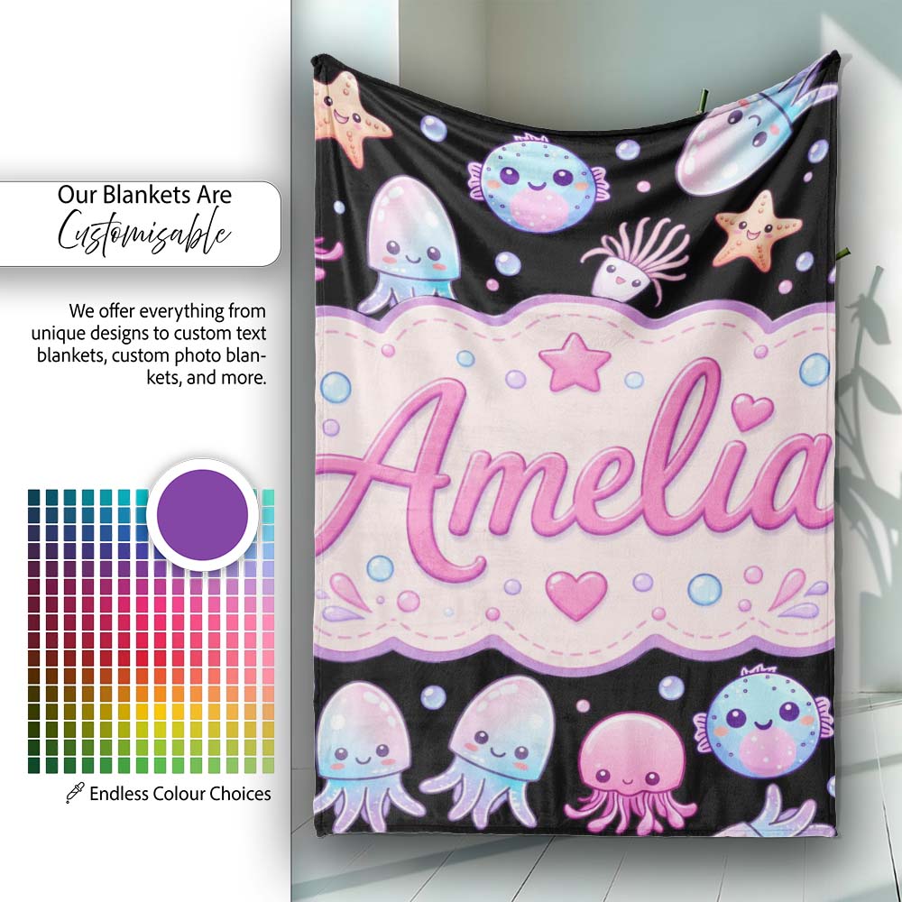 Kawaii Jellyfish Starfish and Cute Sea Creatures Black Background  Personalised Custom Name Super Soft Fleece Blanket Bed Sofa Throw