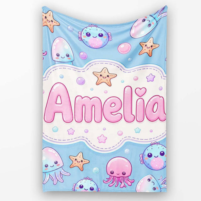 Kawaii Jellyfish Starfish and Cute Sea Creatures Soft Blue Lovely  Personalised Custom Name Super Soft Fleece Blanket Bed Sofa Throw