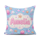 Custom Name Jellyfish Starfish and Cute Sea Creatures Soft Blue Square Filled Cushion Throw Pillow Sofa Bed Home Decor Zip Washable UK Made