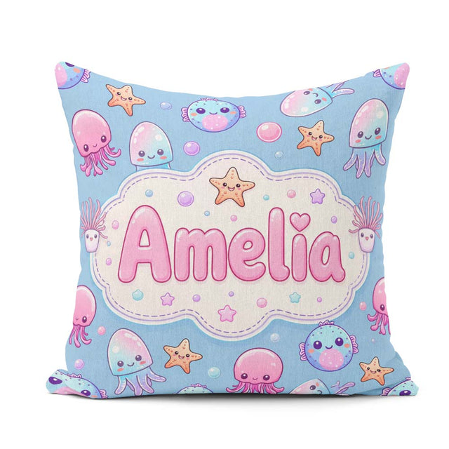 Custom Name Jellyfish Starfish and Cute Sea Creatures Soft Blue Square Filled Cushion Throw Pillow Sofa Bed Home Decor Zip Washable UK Made