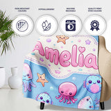 Kawaii Jellyfish Starfish and Cute Sea Creatures Soft Blue Lovely  Personalised Custom Name Super Soft Fleece Blanket Bed Sofa Throw