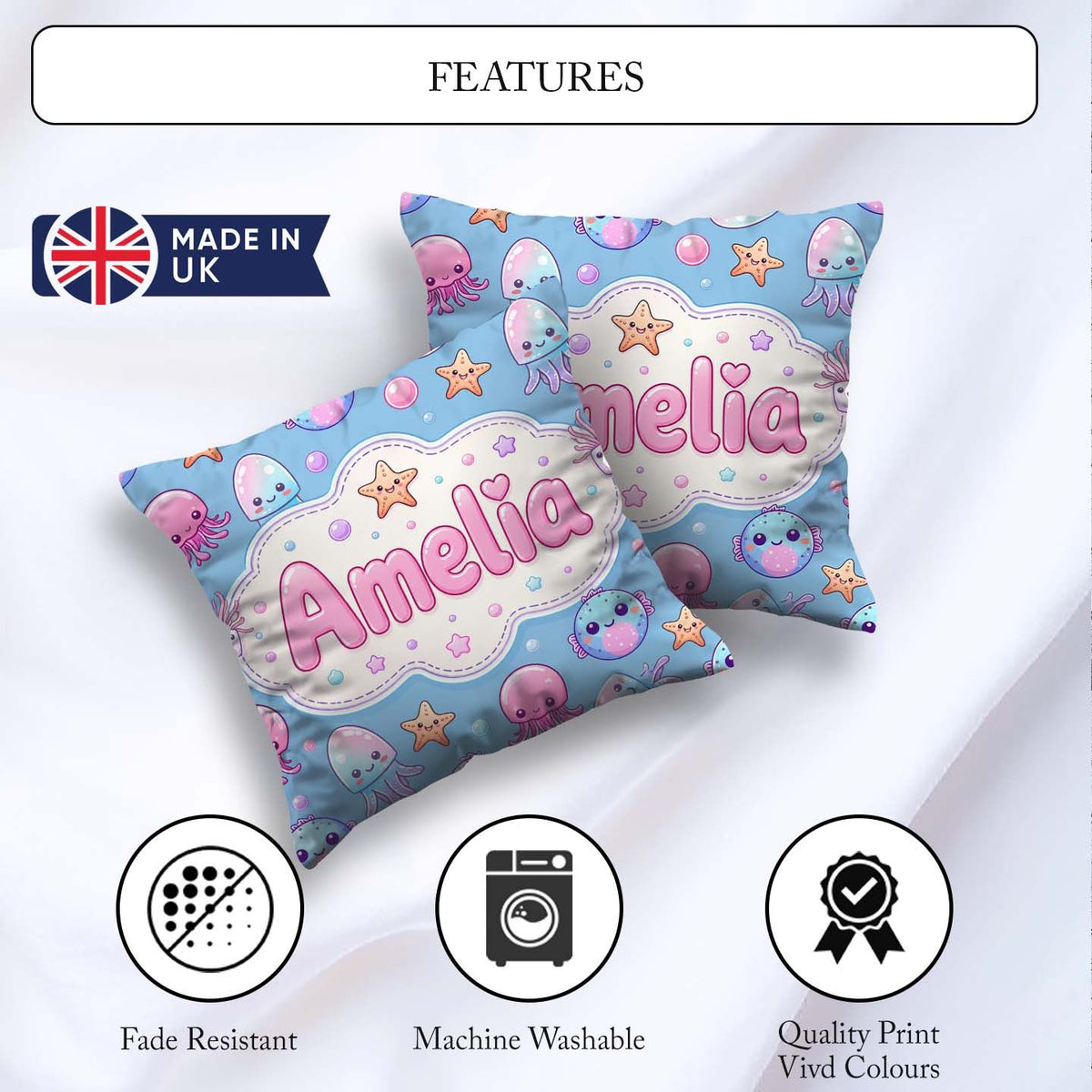 Custom Name Jellyfish Starfish and Cute Sea Creatures Soft Blue Square Filled Cushion Throw Pillow Sofa Bed Home Decor Zip Washable UK Made