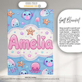 Kawaii Jellyfish Starfish and Cute Sea Creatures Soft Blue Lovely  Personalised Custom Name Super Soft Fleece Blanket Bed Sofa Throw