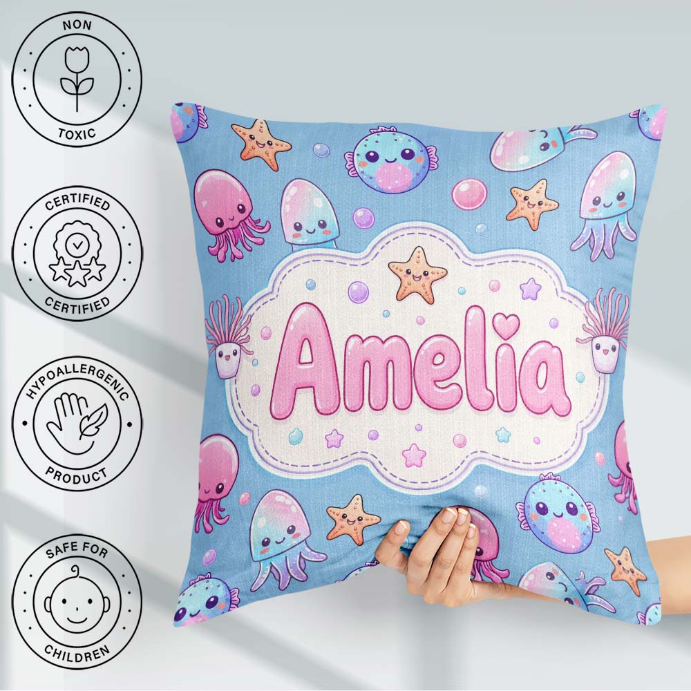 Custom Name Jellyfish Starfish and Cute Sea Creatures Soft Blue Square Filled Cushion Throw Pillow Sofa Bed Home Decor Zip Washable UK Made