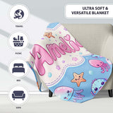 Kawaii Jellyfish Starfish and Cute Sea Creatures Soft Blue Lovely  Personalised Custom Name Super Soft Fleece Blanket Bed Sofa Throw
