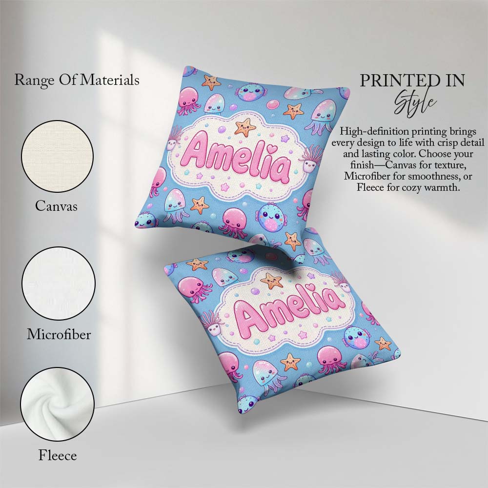 Custom Name Jellyfish Starfish and Cute Sea Creatures Soft Blue Square Filled Cushion Throw Pillow Sofa Bed Home Decor Zip Washable UK Made