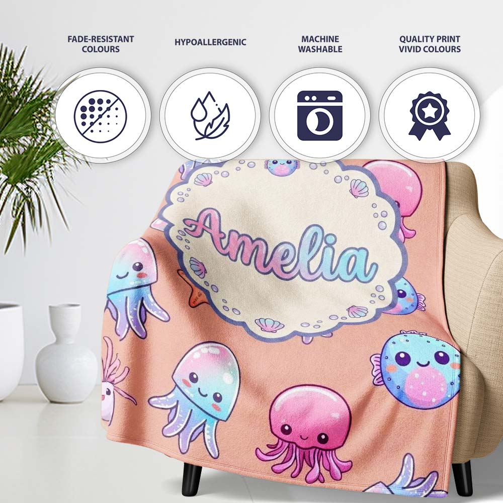 Kawaii Jellyfish Starfish and Sea Creatures Warm Peach Background  Personalised Custom Name Super Soft Fleece Blanket Bed Sofa Throw