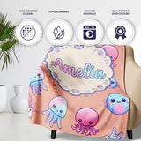 Kawaii Jellyfish Starfish and Sea Creatures Warm Peach Background  Personalised Custom Name Super Soft Fleece Blanket Bed Sofa Throw