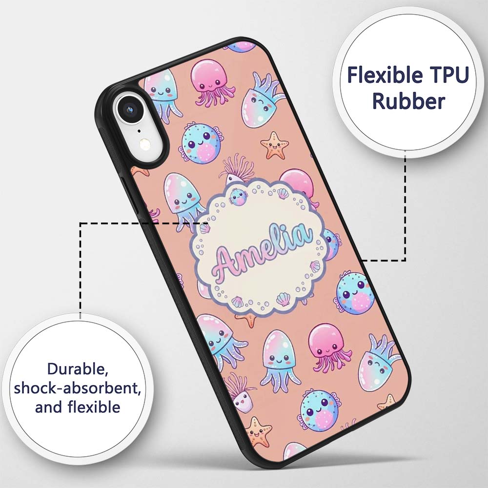 Kawaii Jellyfish Starfish and Sea Creatures Warm Custom Name Protective Phone Case Mobile Cover Durable Everyday Smartphone Shock Resistant