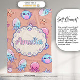 Kawaii Jellyfish Starfish and Sea Creatures Warm Peach Background  Personalised Custom Name Super Soft Fleece Blanket Bed Sofa Throw