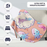 Kawaii Jellyfish Starfish and Sea Creatures Warm Peach Background  Personalised Custom Name Super Soft Fleece Blanket Bed Sofa Throw