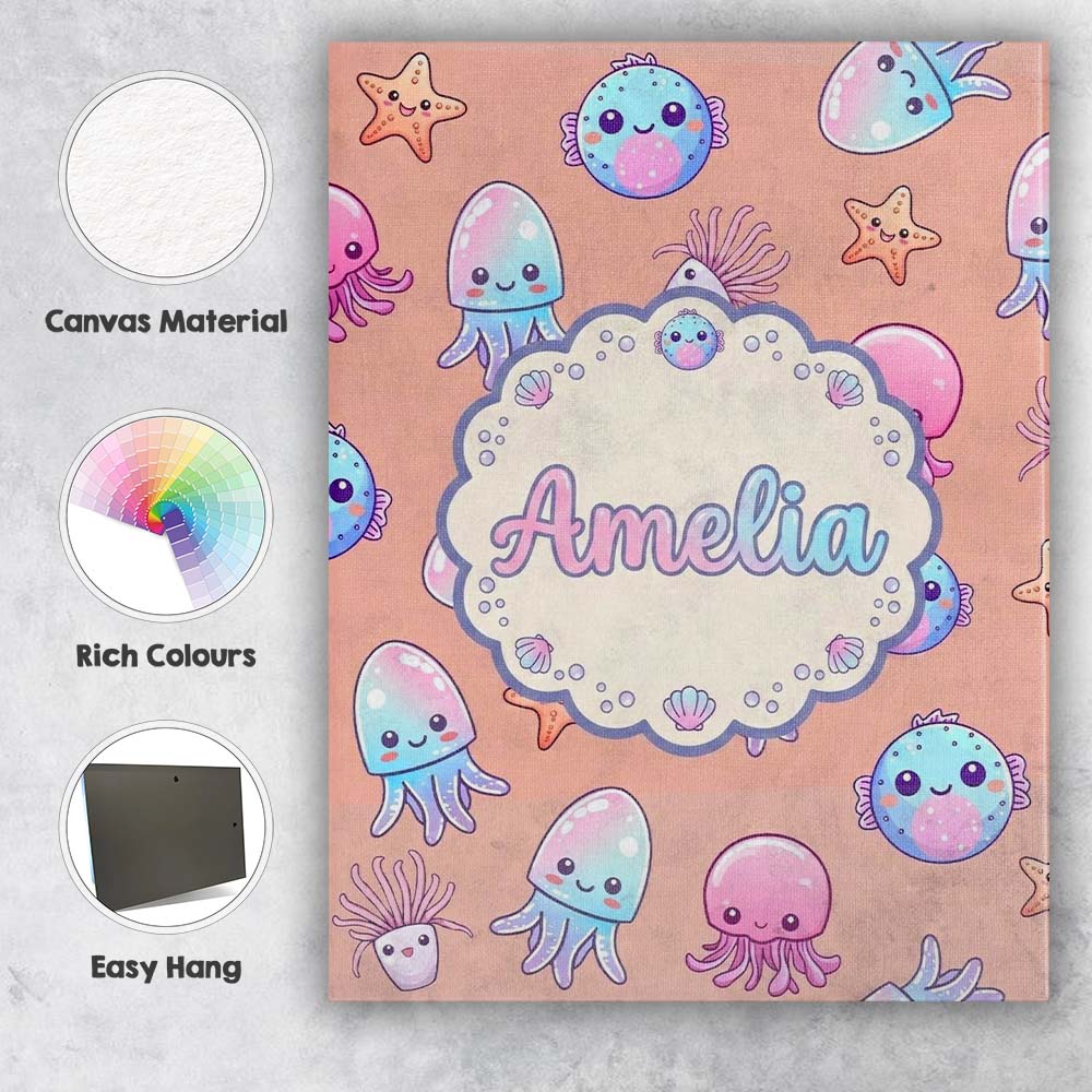 Personalised Name Kawaii Jellyfish Starfish Custom  Bespoke Interior Contemporary Canvas Wall Art Print Decor Picture Ready to Hang