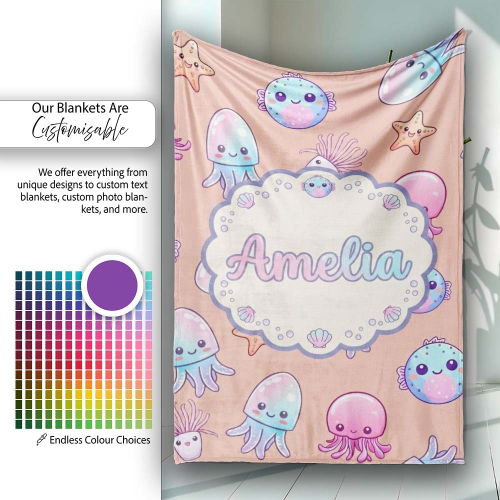 Kawaii Jellyfish Starfish and Sea Creatures Warm Peach Background  Personalised Custom Name Super Soft Fleece Blanket Bed Sofa Throw