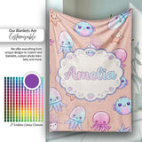 Kawaii Jellyfish Starfish and Sea Creatures Warm Peach Background  Personalised Custom Name Super Soft Fleece Blanket Bed Sofa Throw
